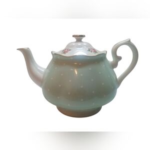 Royal Albert Bone China Teapot Polka Dot Roses. Light Green Lidded England